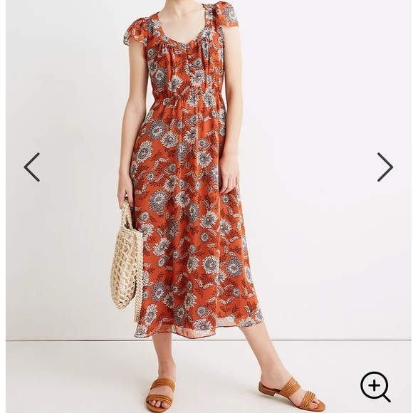 Madewell Button Front Midi Dress Gathered Blooms Sheer Puff Romantic Floral - Picture 2 of 15